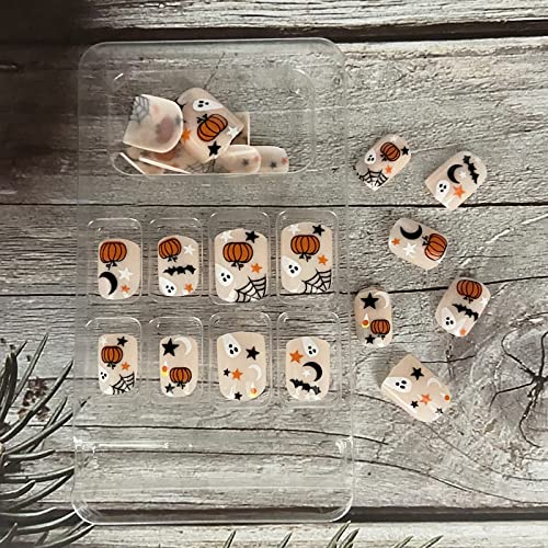 Short Square Halloween Press On Nails with Pumpkin Moon Star Ghost Design for Women - Image 3