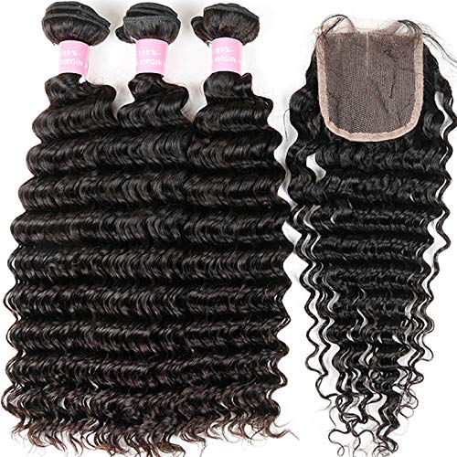 Brazilian 9A Deep Wave 3 Bundles with Closure Virgin Human Hair Bundles with 4x4 Middle Part Closure Unprocessed Virgin Human Hair Natural for Black Women(20 22 24+18) - Image 5