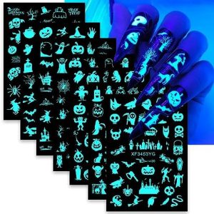 7 Sheets Halloween Ghost Nail Art Stickers Decals Glow in The Dark 3D Self-Adhesive Skull Nail Decals Luminous Spider Web Pumpkin Bat Witch Nail Art Design Decoration for Women Girls Manicure DIY