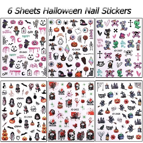 Halloween Nail Art Stickers Decals, 3D Self-Adhesive Nail Decals Halloween Nail Art Supplies Horror Eyes Hand Skull Nail Designs Pumpkin Nail Stickers for Women Girls DIY Nail Art Decoration 6 Sheets - Image 7
