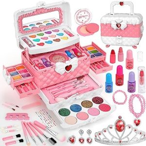 Kids Makeup Kit for Girl Toys, 60PCS Teensymic Toys for Girls Real Washable Makeup Girls Princess Gift Play Make Up Toys Makeup Vanities for Girls Age 4 5 6 7 8 9 Birthday
