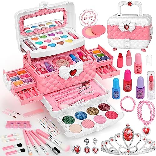 Kids Makeup Kit for Girl Toys, 60PCS Teensymic Toys for Girls Real Washable Makeup Girls Princess Gift Play Make Up Toys Makeup Vanities for Girls Age 4 5 6 7 8 9 Birthday