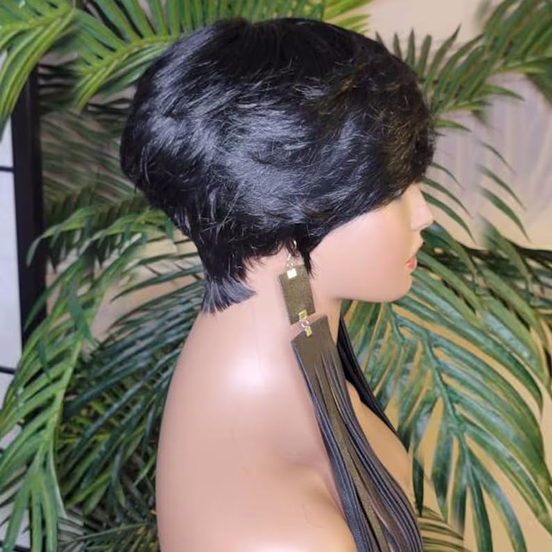 Short Wigs for Black Women Pixie Cut Wig Human Hair, Natural Black 1B Layered Swoop Bang Short Human Hair Wigs for Black Women, Glueless Wear And Go Wig Short-Cut Style Tapered Wig - Image 2