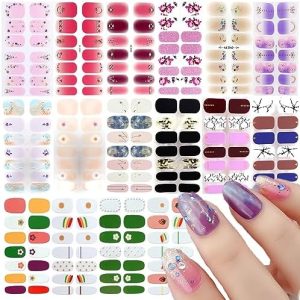 Glitter Flower Nail Stickers for Nail Art 16 Sheets Random Colors Nail Polish Strips Full Nail Wraps with Gold Patterns for Women Nails Art Design Manicure Decoration (RN-NAIL-16)