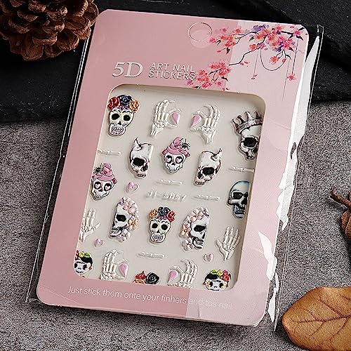 JMEOWIO 3D Embossed Halloween Nail Art Stickers Decals Self-Adhesive Pegatinas Uñas Pink 5D Skull Horror Ghost Witchy Spook Nail Supplies Nail Art Design Decoration Accessories 4 Sheets - Image 8