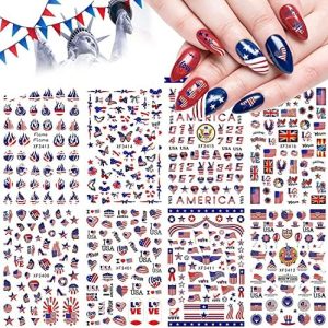 4th of July Nail Art Stickers Independence Day Patriotic Nail Decals 3D Self-Adhesive American Flag Heart Star Nail Design for Memorial Day DIY Manicure Nail Tip Decoration(8 Sheets)