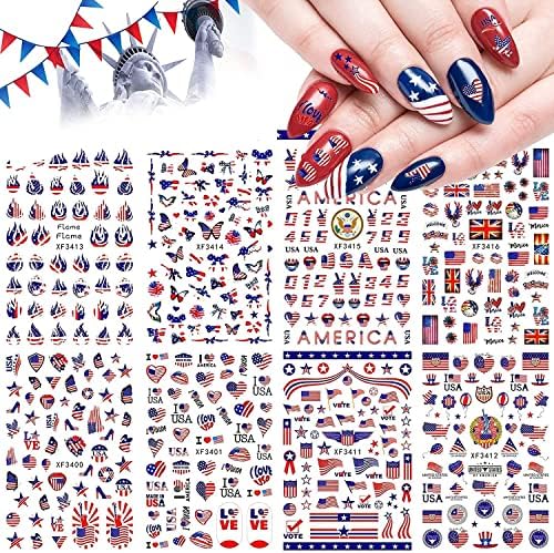 4th of July Nail Art Stickers Independence Day Patriotic Nail Decals 3D Self-Adhesive American Flag Heart Star Nail Design for Memorial Day DIY Manicure Nail Tip Decoration(8 Sheets)