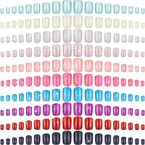 240 Pieces Square Press on Nails Medium False Nail Full Cover Artificial Fake Nail Colorful Acrylic Nail Tip Kit for Art Salon DIY (Glitter Pattern)