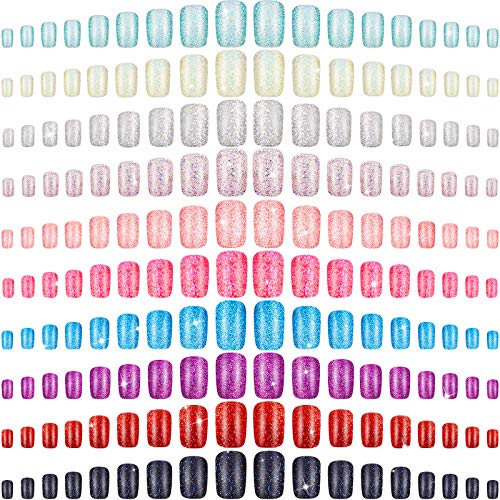 240 Pieces Square Press on Nails Medium False Nail Full Cover Artificial Fake Nail Colorful Acrylic Nail Tip Kit for Art Salon DIY (Glitter Pattern)