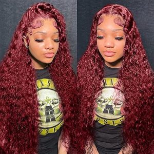 CHEETAHBEAUTY 99J Burgundy Deep Wave Lace Front Wigs Human Hair 250% Density 10A Grade Deep Curly 13X6 HD Transparent Lace Front Human Hair Wigs for Black Women Pre Plucked with Baby Hair(30inch)