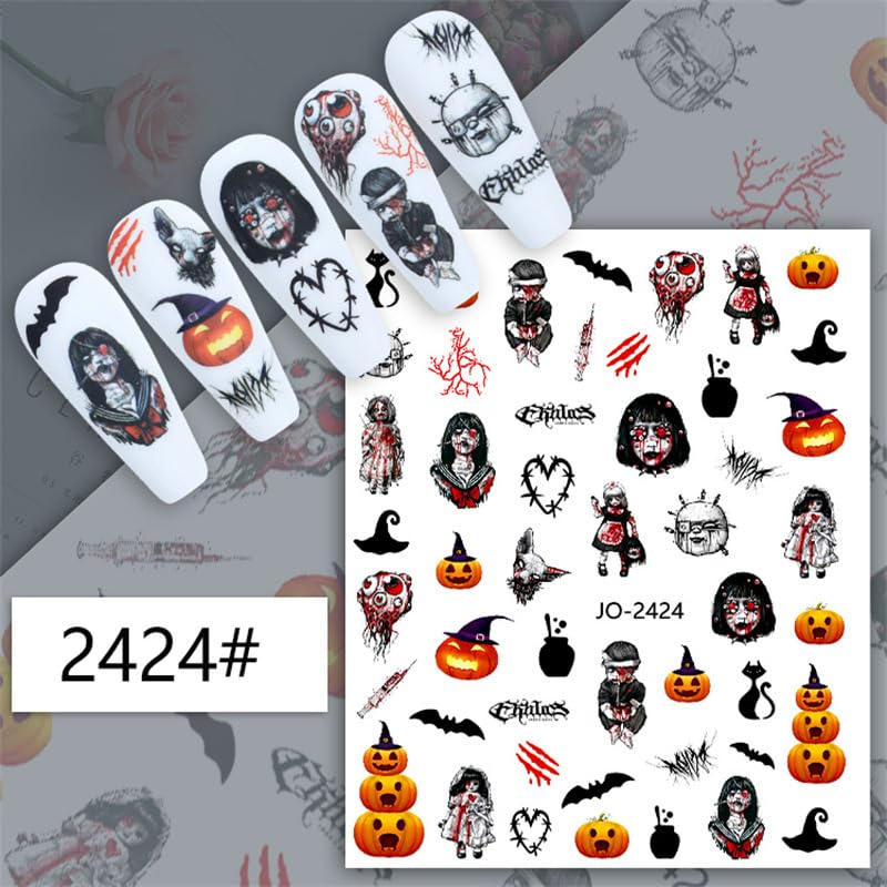 Halloween Nail Art Stickers Decals, 3D Self-Adhesive Nail Decals Halloween Nail Art Supplies Horror Eyes Hand Skull Nail Designs Pumpkin Nail Stickers for Women Girls DIY Nail Art Decoration 6 Sheets - Image 4