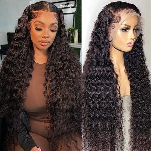 Maxine 14A 13x4 Water Wave Lace Front Wigs Virgin Human Hair 200 Density Transparent HD Lace Front Wig Deep Wave Lace Front Wigs Human Hair for Women Pre Plucked with Baby Hair 24 Inch