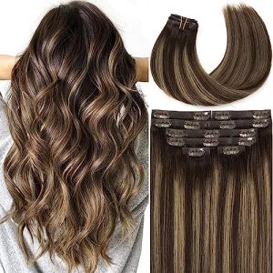 Lacer Hair Seamless Clip in Extensions Human Hair Natural Invisible PU Real Remy Hair Extensions Dark Brown to Chestnut Brown with Dark Brown Roots Clip On Human Hair 7pcs 16 Inch 110g R#2-2/6
