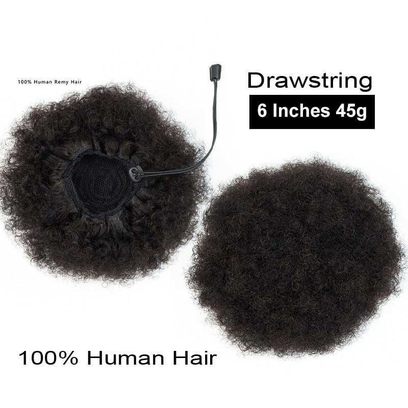 Afro Puff Drawstring Ponytail Human Hair Small Kinky Curly Ponytail Buns Hairpieces 8A Brazilian Virgin Hair Short Clip In Ponytails for Black Women Girls Kids 6 Inch Natural Black - Image 8