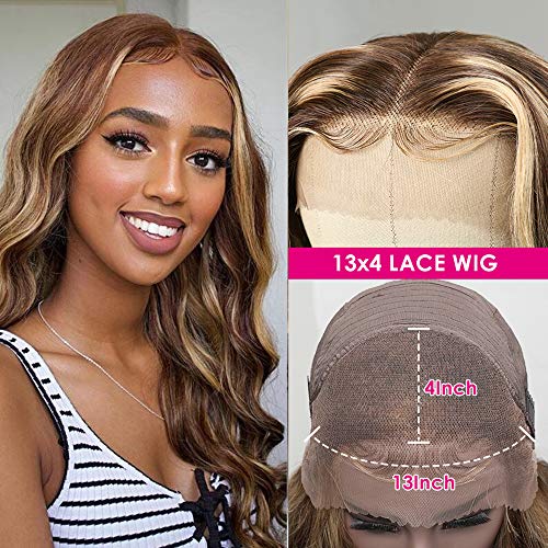 UNICE 12A Ombre Highlight 13x4 Lace Front Human Hair Wig 180% Density Body Wave Brown Blonde #TL412 Color, Brazilian Remy Hair Lace Frontal Wig Pre Plucked with Baby Hair for Women 14inch - Image 4