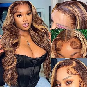 Pizazz Highlight 13x4 HD Transparent Lace Front Wigs Human Hair with Baby Hair 180 Density Glueless Wigs Human Hair Pre Plucked 4/27 Colored Honey Blonde Body Wave Frontal Wigs Human Hair 26 Inch