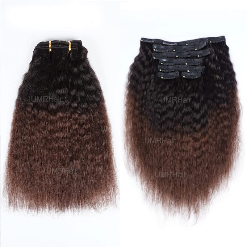 10inch Kinky Straight Clip ins Human Hair Extensions 1B/3# Ombre Dark Brown Brazilian Real Human Hair for Black Women 8pcs 100g Seamless Yaki Straight Clip in Hair Extension Double Wefts Full Head - Image 2