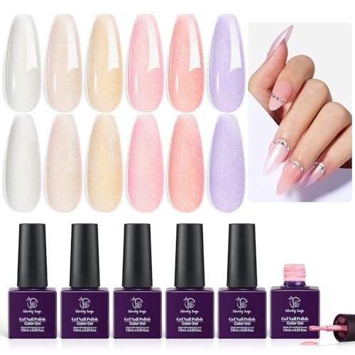 6 Piece Pastel Shimmer Jelly Gel Nail Polish Set with Glitter Accents