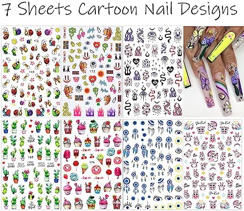 7 Sheets Cute Cartoon Nail Art Stickers 3D Designs Cactus Ice Cream Animals - Image 7