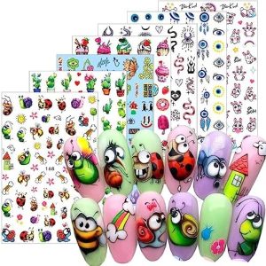 7 Sheets Cute Cartoon Nail Art Stickers 3D Designs Cactus Ice Cream Animals