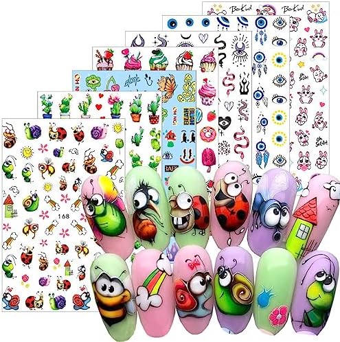 7 Sheets Cute Cartoon Nail Art Stickers 3D Designs Cactus Ice Cream Animals