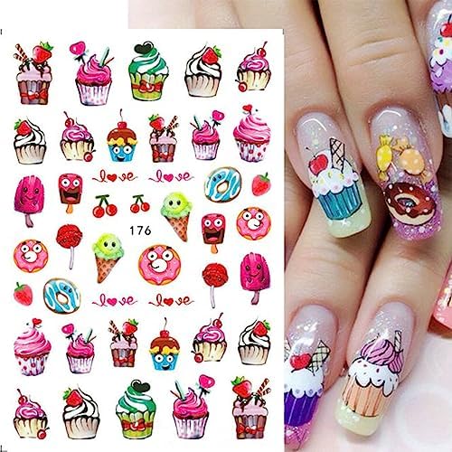 7 Sheets Cute Cartoon Nail Art Stickers 3D Designs Cactus Ice Cream Animals - Image 5