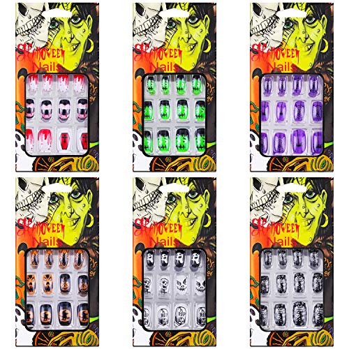 72 Pieces Halloween False Nails Artificial Fake Short Fingernails Nails Kit Halloween Gothic Fake Nails with 6 Jelly Glue for Nail Design Salon DIY Decoration, 12 Sizes in 6 Boxes (Chic Pattern)