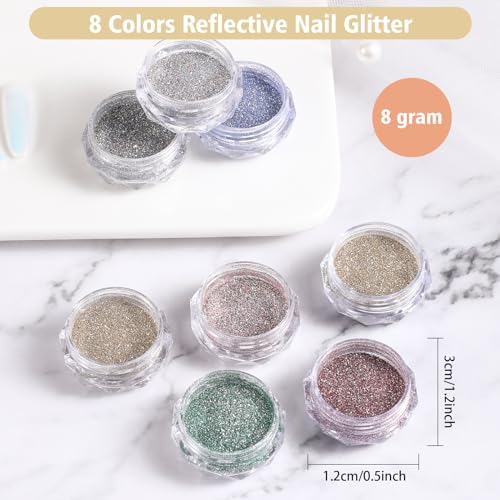8 Colors Reflective Nail Glitter, Sparkling Crystal Nail Powder, Shiny Nail Decor Supplies, for Women and Girls Nail Art Gel Polish Decoration, Party, Nightclub, Wedding, DIY Crafts - Image 2
