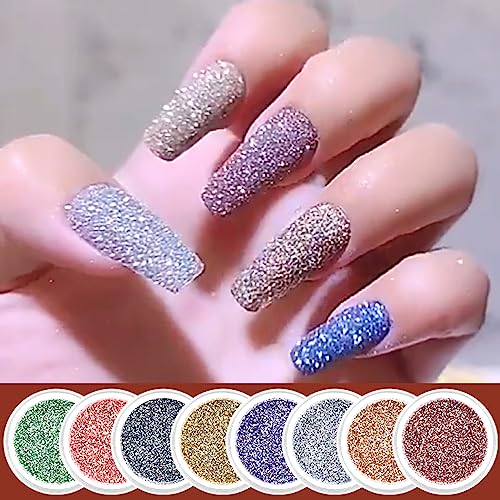 8 Colors Sparkling Crystal Diamond Nail Powder,5 PCS Nail Art Tools Nail File Buffer Stainless Steel Dual End Pusher,Nail Glitter Shiny Pigment Powder and Professional Pedicure Manicure Tools - Image 5