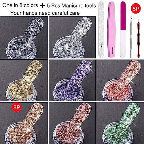 8 Colors Sparkling Crystal Diamond Nail Powder,5 PCS Nail Art Tools Nail File Buffer Stainless Steel Dual End Pusher,Nail Glitter Shiny Pigment Powder and Professional Pedicure Manicure Tools - Image 2