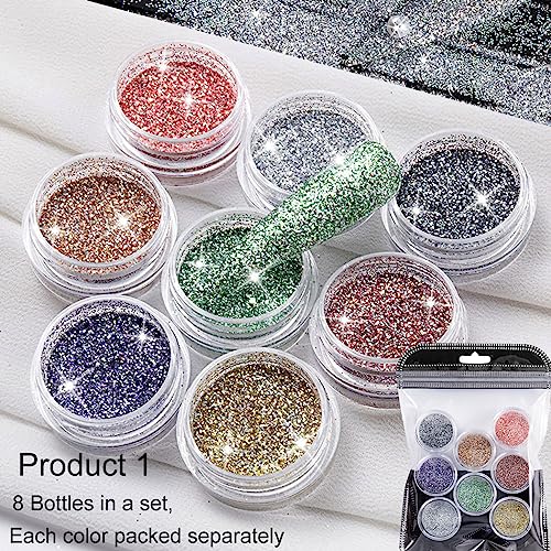 8 Colors Sparkling Crystal Diamond Nail Powder,5 PCS Nail Art Tools Nail File Buffer Stainless Steel Dual End Pusher,Nail Glitter Shiny Pigment Powder and Professional Pedicure Manicure Tools - Image 3