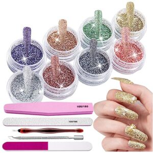 8 Colors Sparkling Crystal Diamond Nail Powder,5 PCS Nail Art Tools Nail File Buffer Stainless Steel Dual End Pusher,Nail Glitter Shiny Pigment Powder and Professional Pedicure Manicure Tools