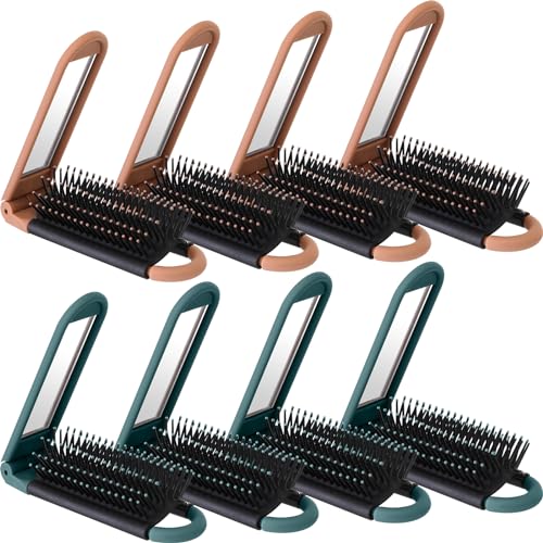 8 Pcs Folding Hair Brush with Mirror Small Foldable Hair Brush Compact Pocket Size Purse Brushes for Women Collapsable Massage Comb for Men Travel Car Gym Bag Purse Locker, Dark Green, Brown