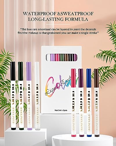 8 Pcs Matte Colored Liquid Eyeliner Pen- Pink Purple Blue Green Black White Brown Longlasting Waterproof Rainbow Colorful Neon Eye liner Pencil Set, Halloween Cosplay Party Makeup Gift for Women Girl - Image 6