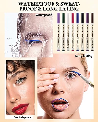 8 Pcs Matte Colored Liquid Eyeliner Pen- Pink Purple Blue Green Black White Brown Longlasting Waterproof Rainbow Colorful Neon Eye liner Pencil Set, Halloween Cosplay Party Makeup Gift for Women Girl - Image 4
