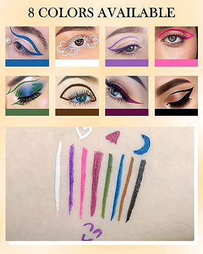 8 Pcs Matte Colored Liquid Eyeliner Pen- Pink Purple Blue Green Black White Brown Longlasting Waterproof Rainbow Colorful Neon Eye liner Pencil Set, Halloween Cosplay Party Makeup Gift for Women Girl - Image 2