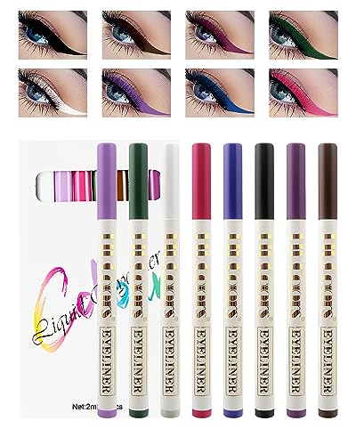 8 Pcs Matte Colored Liquid Eyeliner Pen- Pink Purple Blue Green Black White Brown Longlasting Waterproof Rainbow Colorful Neon Eye liner Pencil Set, Halloween Cosplay Party Makeup Gift for Women Girl