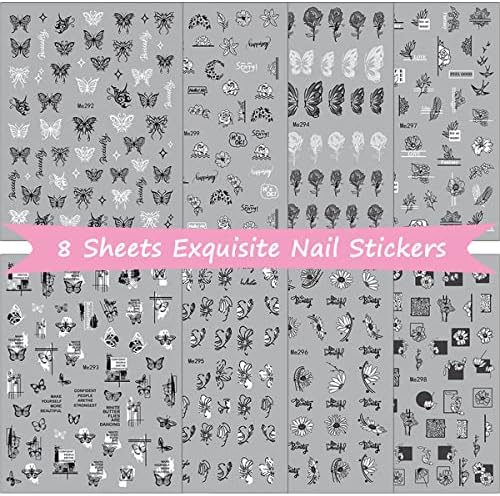 8 Sheets Black Butterfly Nail Art Stickers Decals 3D Self-Adhesive Butterfly Nail Stickers for Nail Art Spring Summer Flower Nail Decals Rose Daisy Designs Nail Decor Accessories for Acrylic Nail DIY - Image 7
