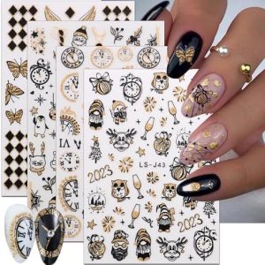 8 Sheets Christmas Nail Art Stickers Decals 2024 Gold Christmas Nail Self-Adhesive Sticker Clock Design Xmas Elk Santa Claus Snowman Winter Clocks Watches DIY Nail for Women Decor
