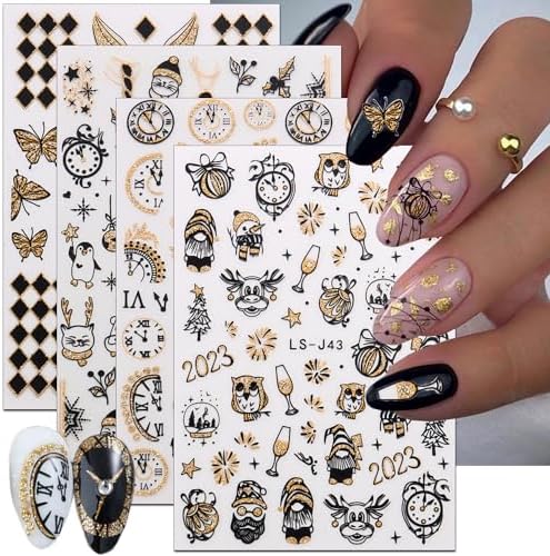 8 Sheets Christmas Nail Art Stickers Decals 2024 Gold Christmas Nail Self-Adhesive Sticker Clock Design Xmas Elk Santa Claus Snowman Winter Clocks Watches DIY Nail for Women Decor