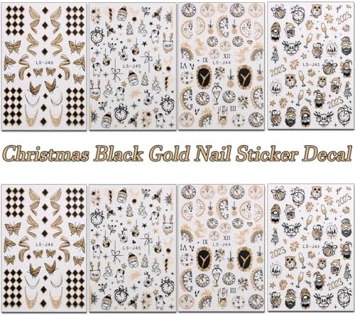 8 Sheets Christmas Nail Art Stickers Decals 2024 Gold Christmas Nail Self-Adhesive Sticker Clock Design Xmas Elk Santa Claus Snowman Winter Clocks Watches DIY Nail for Women Decor - Image 2