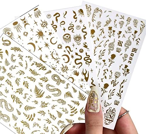 8 Sheets Gold Snake Nail Stickers 3D Bronzing Rose Eyes Heart Nail Art Decorations Self-Adhesive Stickers for Acrylic Nail Art Decals Women Nail Accessories Nail Supplies