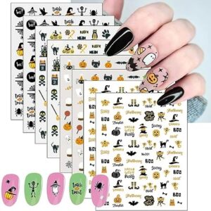 8 Sheets Halloween Nail Decals Stickers, 3D Self-Adhesive Skull Ghost Pumpkin Nail Decals Bat Spider Web Art Design Nail Art Sticker for Women Manicure Tips Acrylic Nails DIY Nails Art Supplies