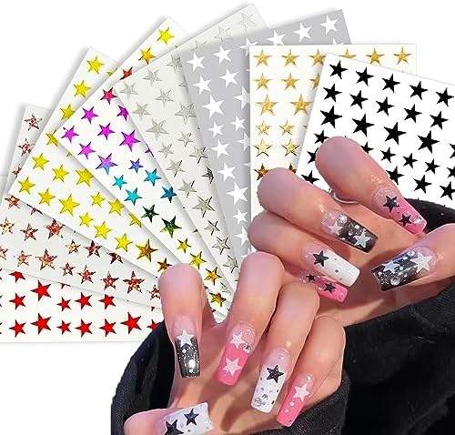 8 Sheets Star Nail Art Stickers Star Nail Charms for Acrylic Nails 3D Self Adhesive Nail Decals Manicure Accessories for Women Girls DIY Nail Art Design