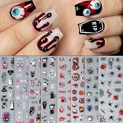 8PCS Halloween Nail Stickers Black Spider Nail Supplies Eye 5D Self-Adhesive Skull Nail Decals Horror Nail Flower Manicure Supplies Nail Art Decor Access Acrylic for Women Kids
