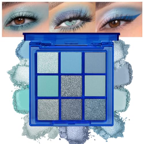 9 Colors Purple Black Blue Green Colorful Eyeshadow Palette Makeup,Highly Pigmented Matte Sparkle Eye Shadow Palette Long Lasting Waterproof Blendable,Smokey Eyeshadow Palette (Blue)