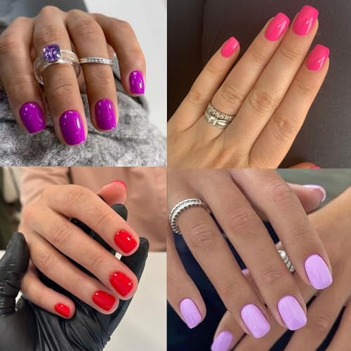 96 Pcs Solid Color Press on Nails Short Coffin Nails Full Cover Summer Fake Nails Square Red Pink Purple Light Purple 4 Color Acrylic Nails Glue On Nails Reusable Colorful False Nails For Women Girls