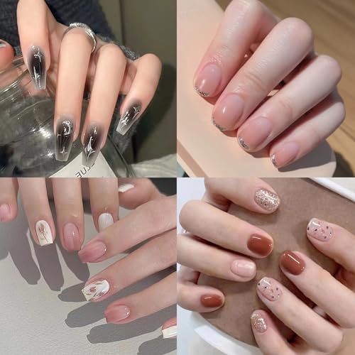 96Pcs Gradient Press on Nails Short Square Fake Nails Pink Ombre with Silver Glitter Design Coffin False Nails Solid Color Full Cover Glue on Nails for Women Girls Nail Decoration（4 Pack） - Image 2