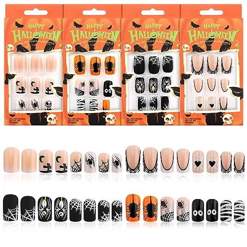 96 Piece Halloween Long Press-On Nails Set with Skull and Pumpkin Designs