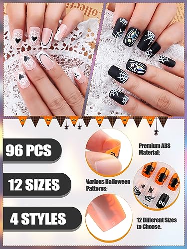 96 Piece Halloween Long Press-On Nails Set with Skull and Pumpkin Designs - Image 3